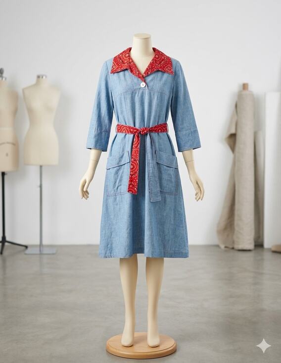 None and/or Unknown Dresses & Skirts - Vintage Blue Denim Look Dress Bandana Print Western Boho Costume LA